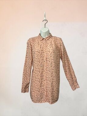 KIABI Floral Print Button-Up Blouse Pink Peach 100% Viscose Long Sleeve, US 6